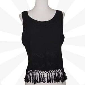 Fabulous Black Embroidered Fringe Scoop Neck Cropped Pullover Tank Top Size M